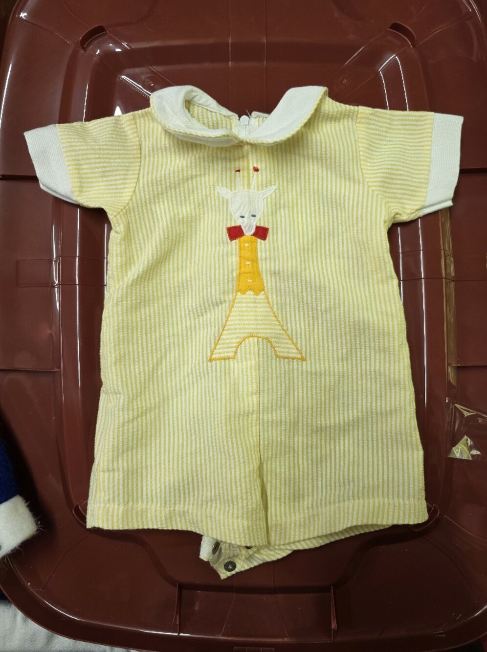 Vintage Yellow & White Striped Baby Romper with Giraffe Patch